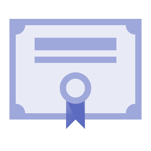 Picture of a light blue certificate with a seal and bow styled ribbon at the bottom icon
